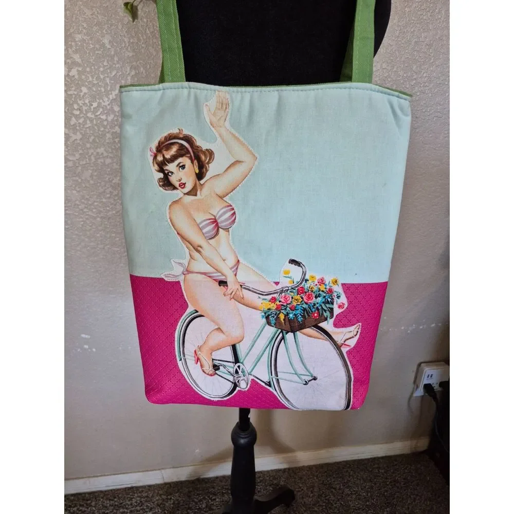 Beach Floral Tote Bag - Retro Summer Biker Illustration Vinyl Shoulder Bag